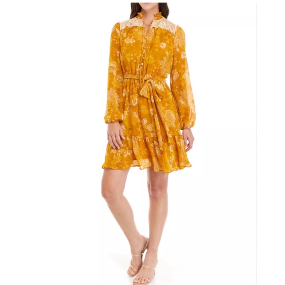Tahari Floral Mini Dress 12 Mustard Yellow Lace Yoke Long Sleeve Boho Tiered